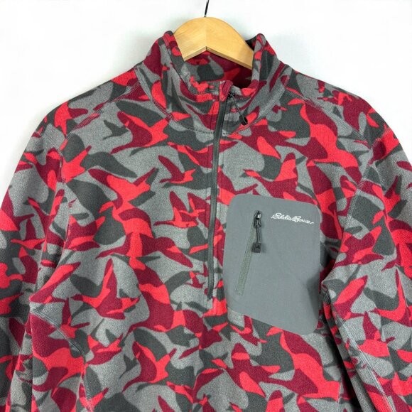 Eddie Bauer Jacket Men's Size Large Geese Camo Pullover Fleece Red Gray 1/2 Zip - Picture 2 of 10